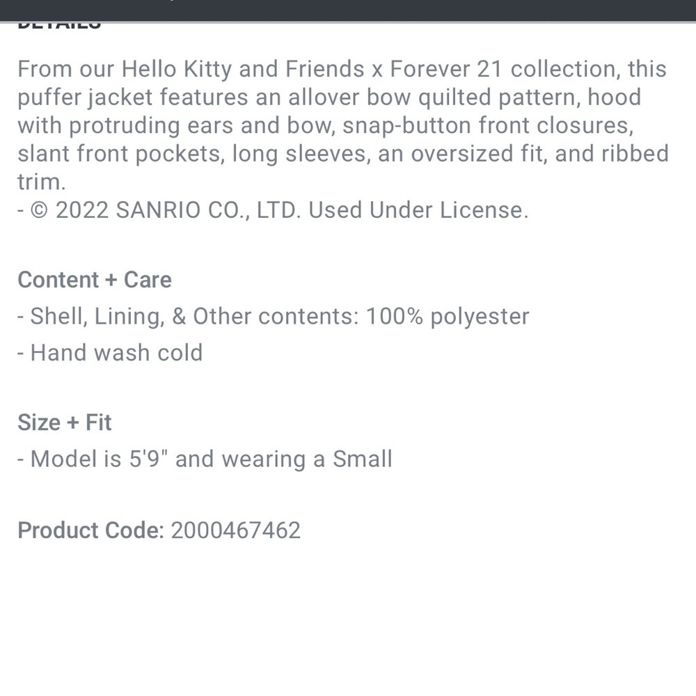 NWT Forever 21 X Hello Kitty & Friends Oversized Pink Bow Puffer Jacket Small - Picture 10 of 11